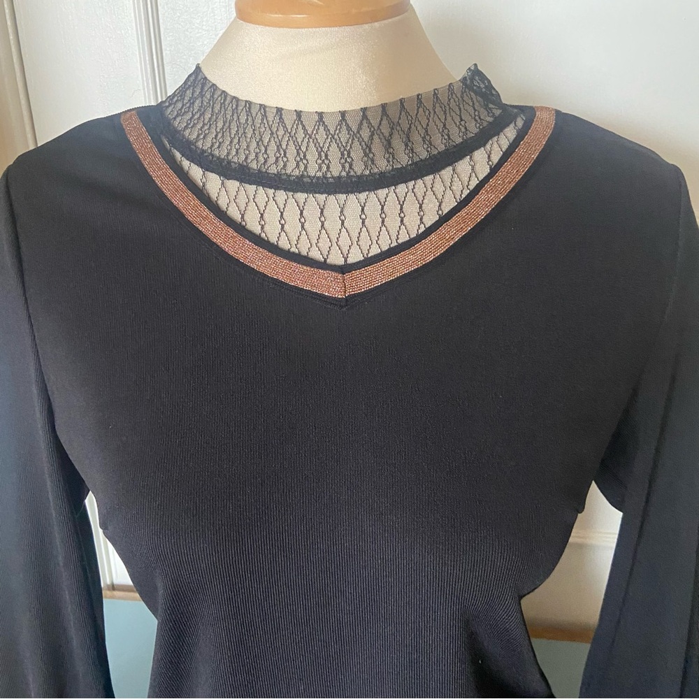 Black Long Sleeve Top with Lace and Brown Trim SZ Med - Lg - versatile